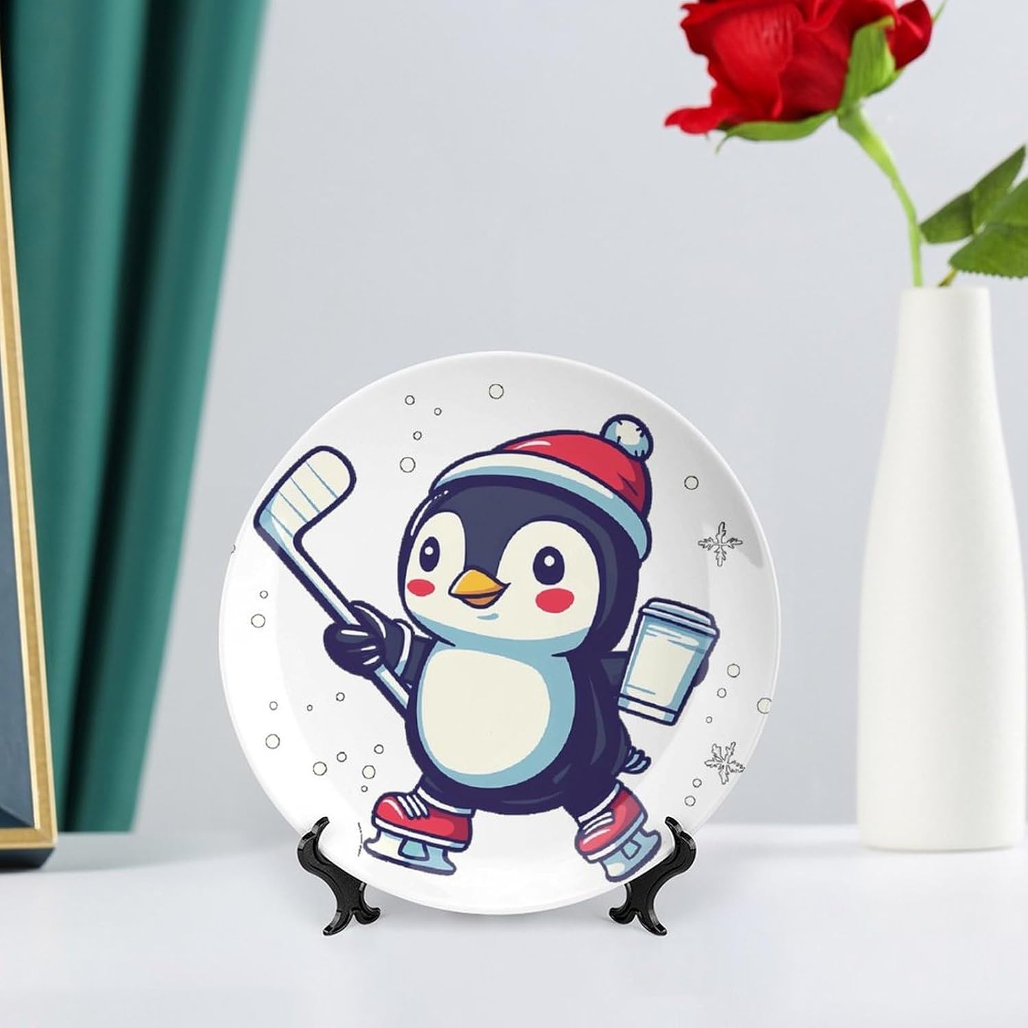 Penguins Playing Hockeys Decorative Plates for Display Ceramic Plate Tray with Stand Hanger Home Decor