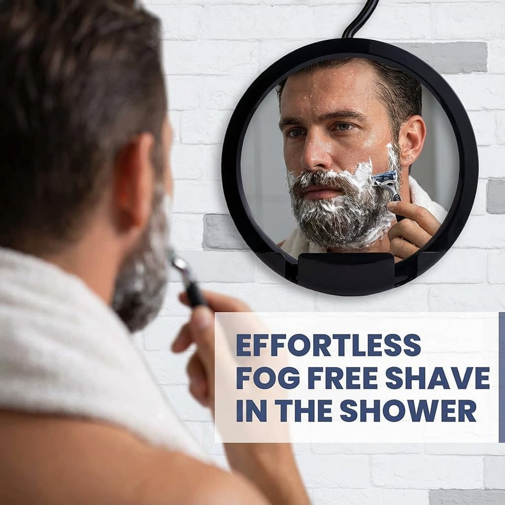 MIRRORVANA Dual Anti Fog Shower Mirror for Shaving with Hook for Hanging and Fogless Shatterproof Surface - Fill Back Chamber/Reservoir with Hot Water for Fog Free Shave (8" Diameter, Black)