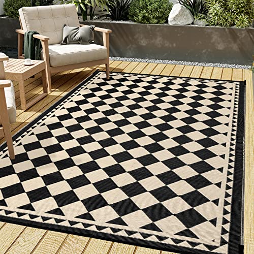 Hugear Outdoor Rug For Patios Clearance,Waterproof Mat,Large Outside Carpet,Reversible Plastic Straw Camping Rugs,Rv,Porch,Deck,Camper,Balcony,Backyard (5X8,Checkered/Black&Beige) #TOP27