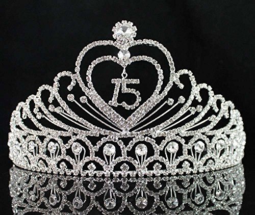 Janefashions Quinceanera Sweet 15 Fifteen 15th Birthday Party coronas de quinceañeras Clear White Austrian Rhinestone Tiara Crown with Hair Combs Princess Silver T1756