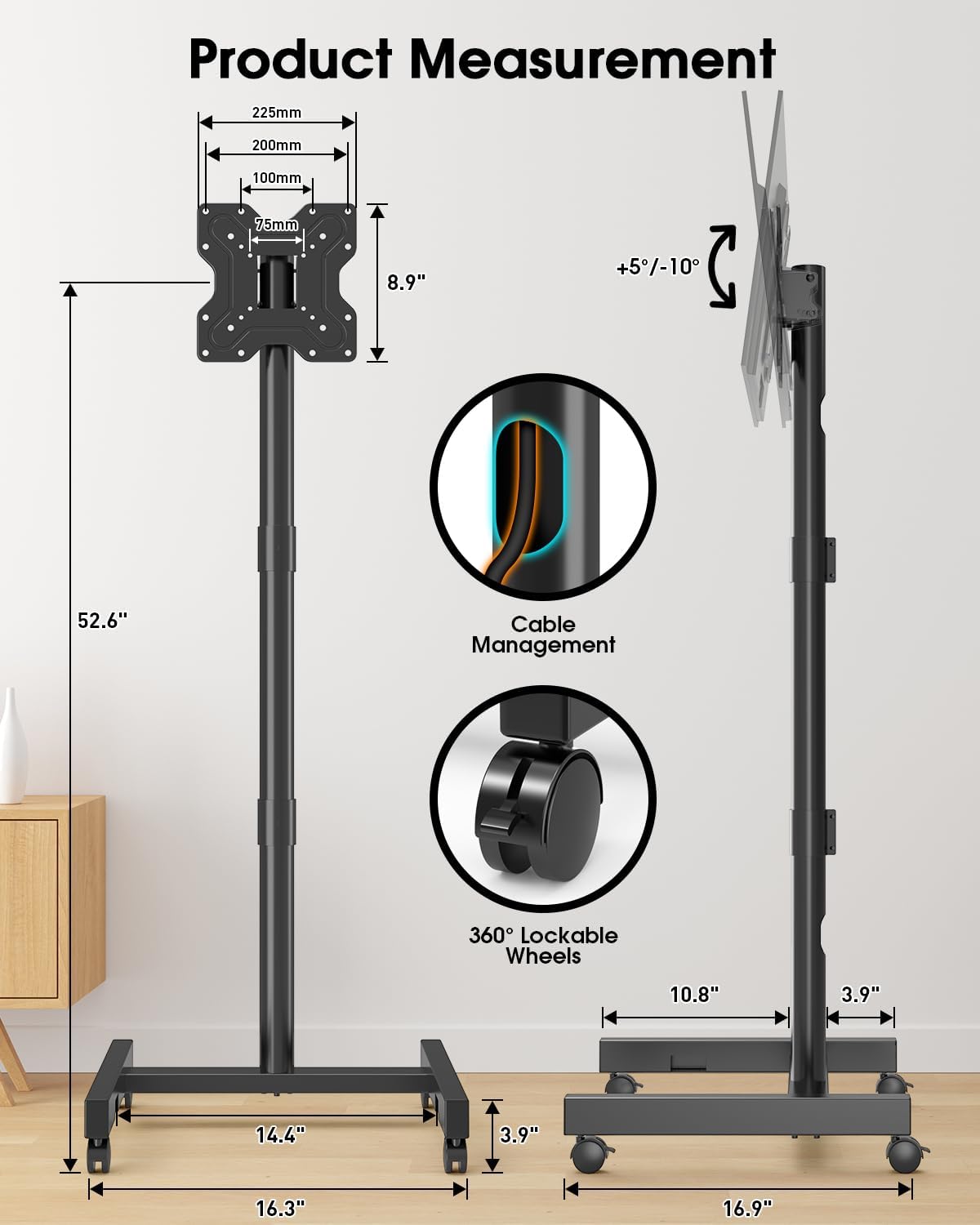 Rolling TV Stand for 13-50 Inch TVs/Screens, Sturdy 50mm Support Pole