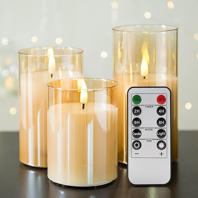 Eywamage Gold Glass Flameless Candles Flickering, Realistic Battery Operated Electric LED Candles with Remote D 3" H 4" 5" 6"