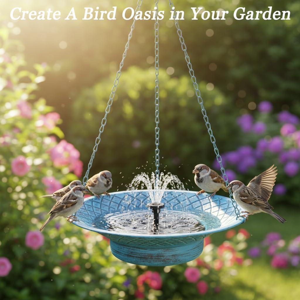 12.6" Hanging Bird Bath with Solar Fountain, Solar Bird Bath Fountains, Hanging Bird Baths for Outdoors, Hummingbird Fountain, Bird Bath Fountains Solar Power for Garden Patio Decor, Blue