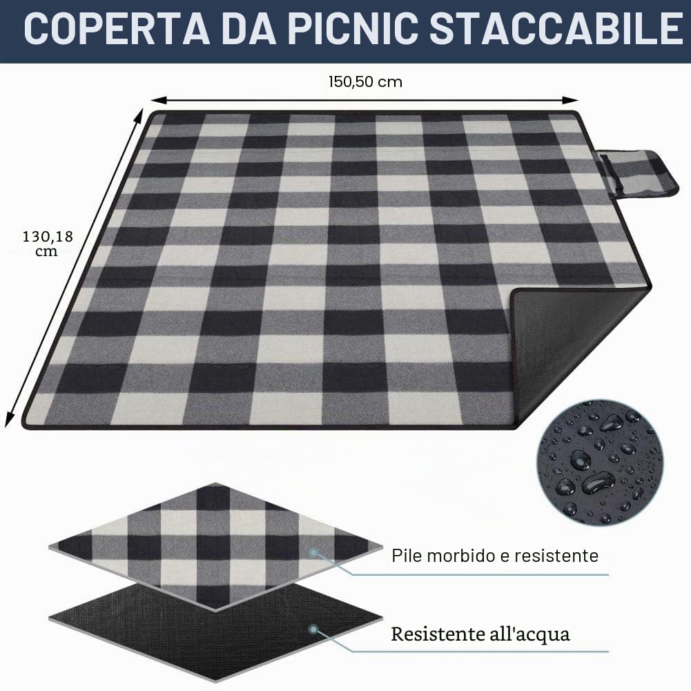 HappyPicnic Zaino da picnic isolato 4 persone stoviglie scomparto raffreddamento portabottiglie tappeto impermeabile