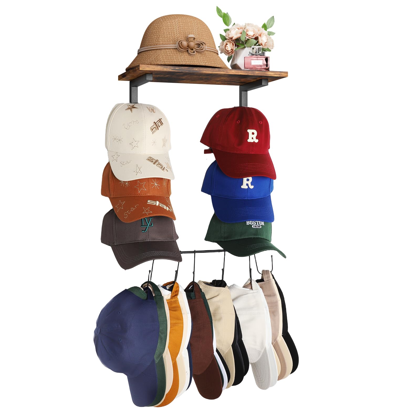 VINCOURNA Wall-Mounted Hat Rack, Multi-Tier Hat Hanger with Shelf Holds 60+ Hats, Sturdy Metal & Wood Cap Storage Holder for Bedroom, Entryway, Closet - Space-Saving Storage for Baseball Caps, Visors