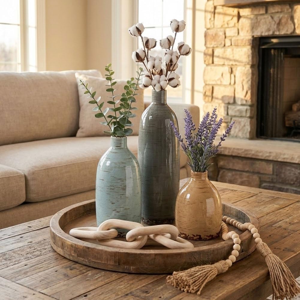 Multicolor Ceramic Vase Set of 3, Farmhouse Vases for Home Decor, Rustic Flower Vases for Living Room, Shelf, Kitchen, Mantel, Bedroom, Coffee Table, Office, Bathroom, Entryway Table Centerpiece Decor