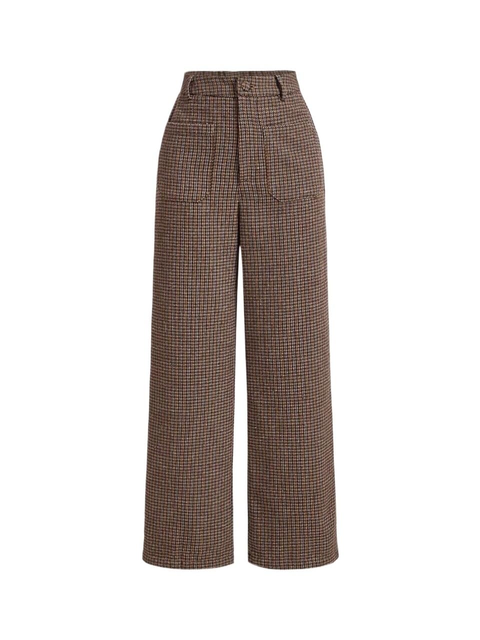 Straight Leg Pant Trousers for Women with Pocket Plaid Wide Leg Pants Cloth Outfits