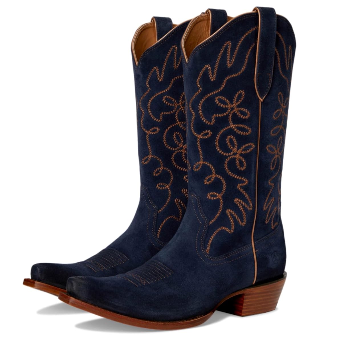 LEHOOR Women Retro Cowboy Boots Embroidered Mid Calf Western Boots Suede Low Chunky Stacked Heel Square Toe Pull