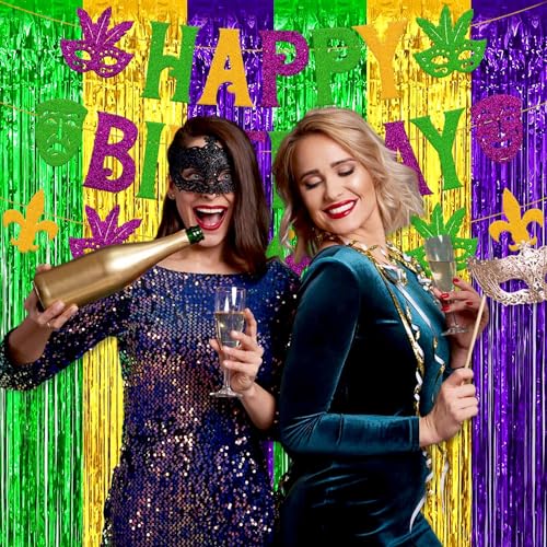 Image of 3 Pack Gold Green Purple Foil Fringe Curtains Backdrop, 3.28 x 9.8 Ft Metallic Streamers Tinsel Curtains Background for Photo Booth, Birthday, Halloween, Christmas, New Year Party Decorations