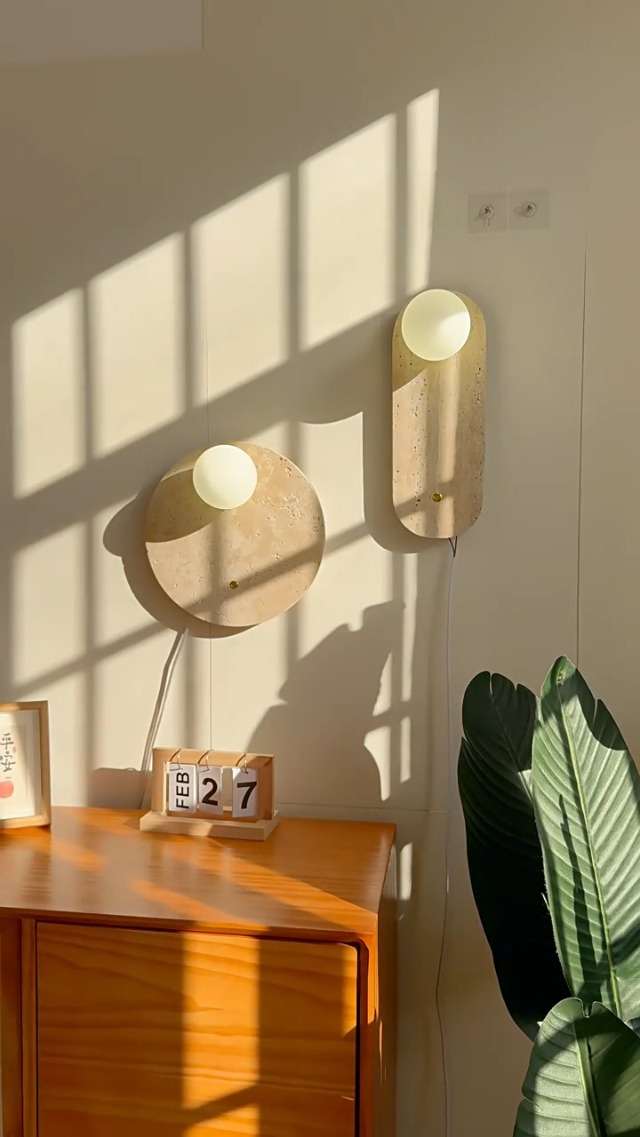 Image of Stone Wall lamp Set of 2 with Glass Lampshade Indoor Round Travertine Wall Sconce G9 Base Wall Lights Fixtures with Switch for Bedroom Living Room Bathroom Vanity