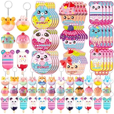 Quelay 36 Sets Valentine's Day Gift Cards with Scented Dessert Squishy Keychains Cute Stress Relief Keychains Valentines Cards for Kids Classroom Gift Exchange Prizes Valentine Party(Dessert Squishy) Cover