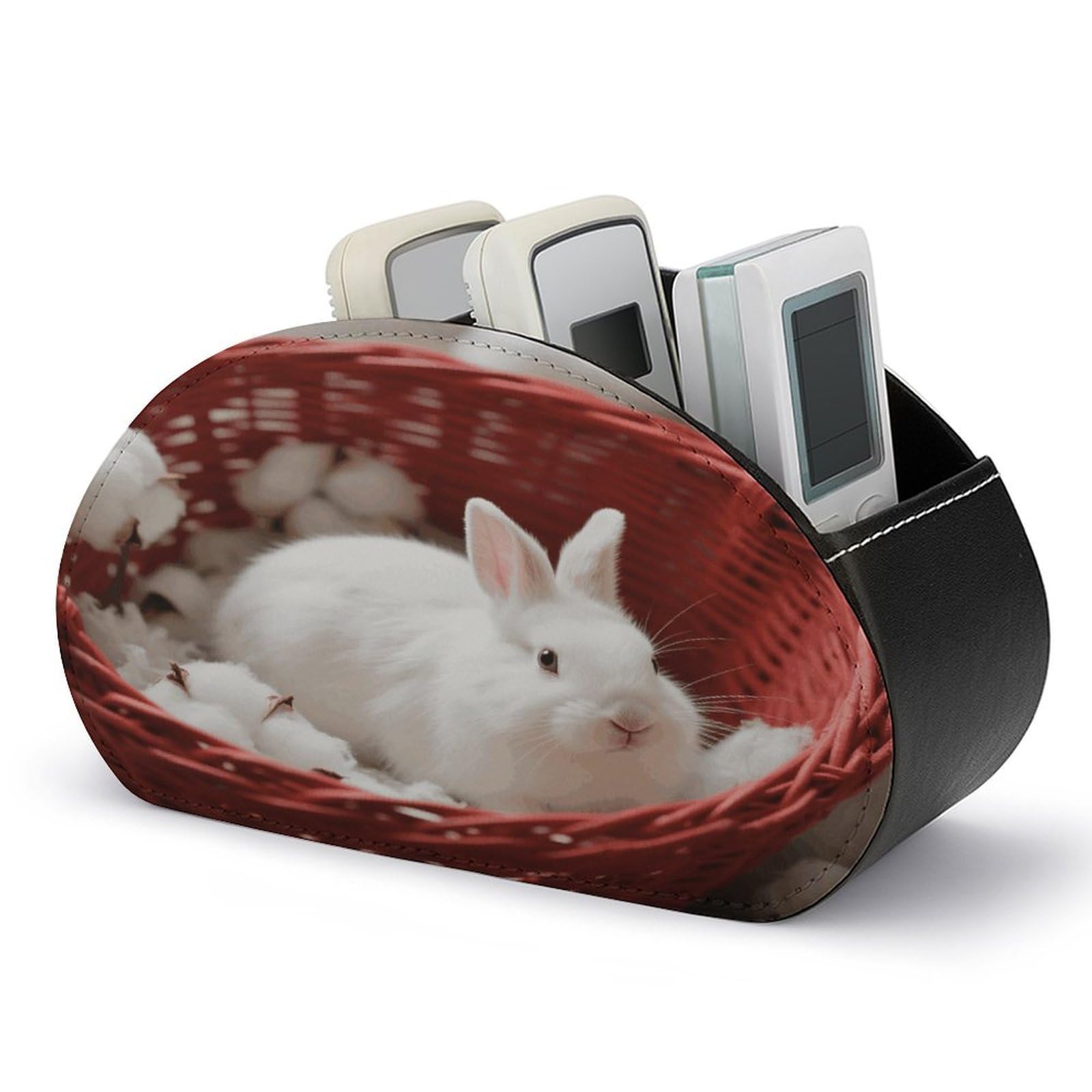 VstaDank Rabbit in Basket Remote Control Holder PU Leather Multi-Functional Office Organizar Box Makeup Brush Holder Desk Storage with 5 Compartment TV Remote Media Player Box