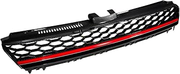 BST BSSP Front Bumper Upper Grille Carbon Fiber Print Finish Honeycomb Grill For 2015-2016 Volkswagen VW MK7 Golf GTI, w/Red Trim