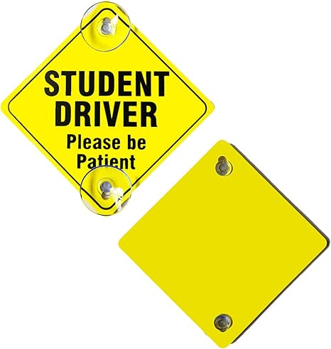Student Driver Sticker Signs for Car, 5×5in New Driver Signs for Window, Suction Cup Novice Car Signs, Safety Sticker for Learners, “Student Driver” Yellow Sticker for Car (2PCS)