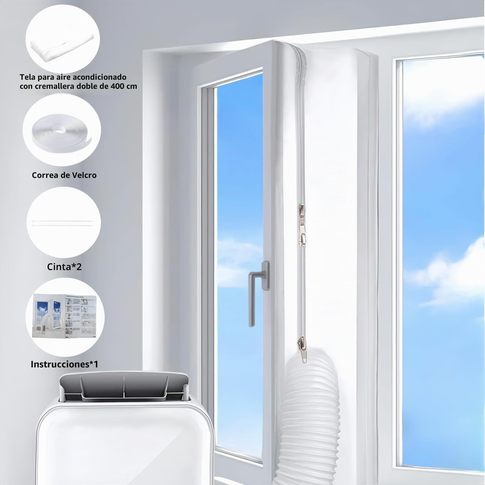 Kit Sellado Ventana Aire Acondicionado Portátil, 400cm Dual Cremallera Cubierta Aislante Termico Ventanas Aire Acondicionado Bloquea El Aire Caliente