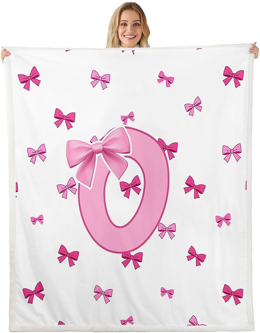 Castle Fairy Monogrammed Letter O Throw Blanket for Kids,Ribbon Bow Pink White Fleece Throw Blanket for Bedroom Sofa Dorm Decor,Cartoon Bowknot Lightweight Bed Blankets,40 x 50 Inches