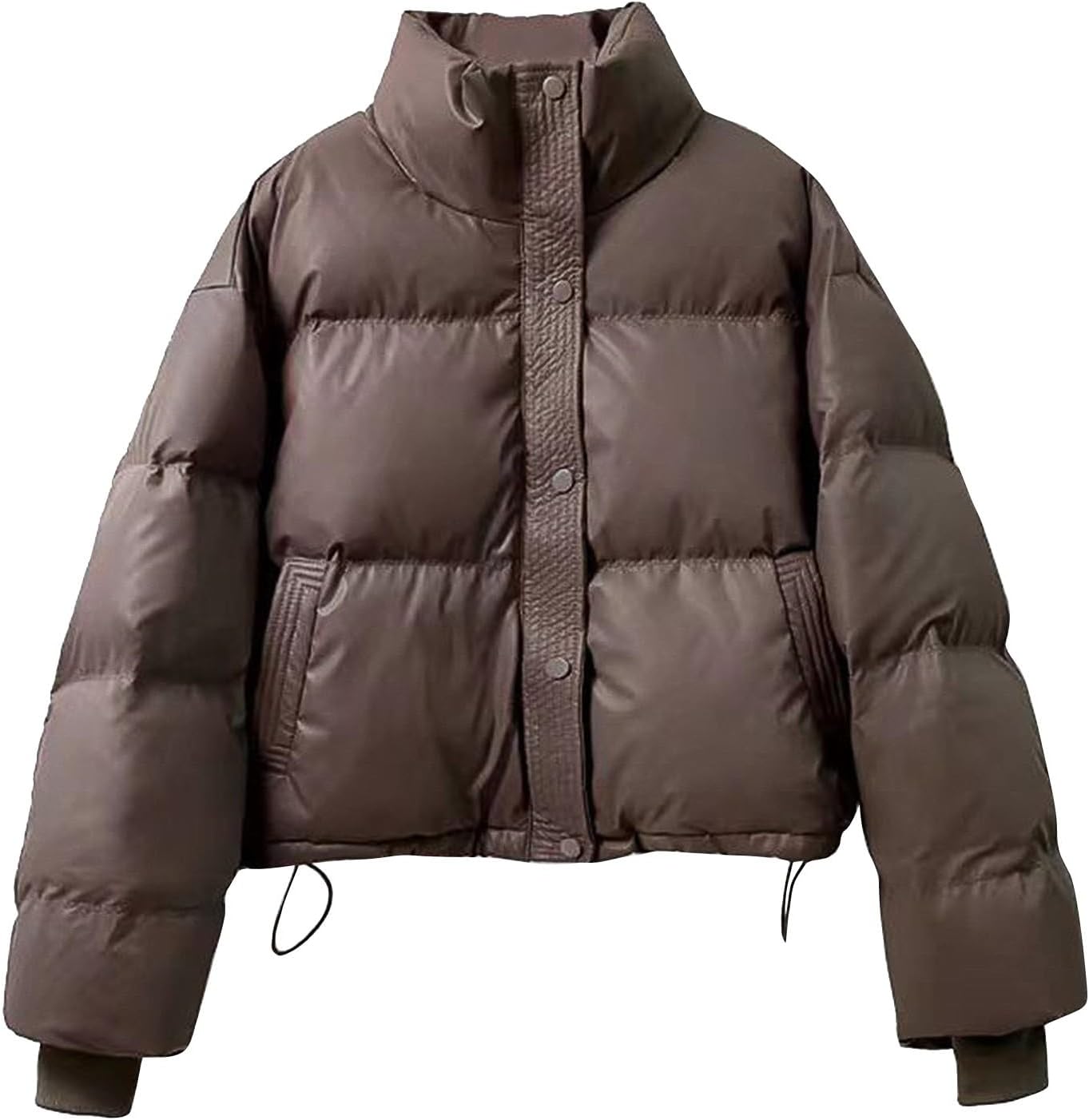 Womens Winter Coats Puffer Jacket Short Faux Leather Zip Up Waterproof Windproof Down Coat Adjustable Hem