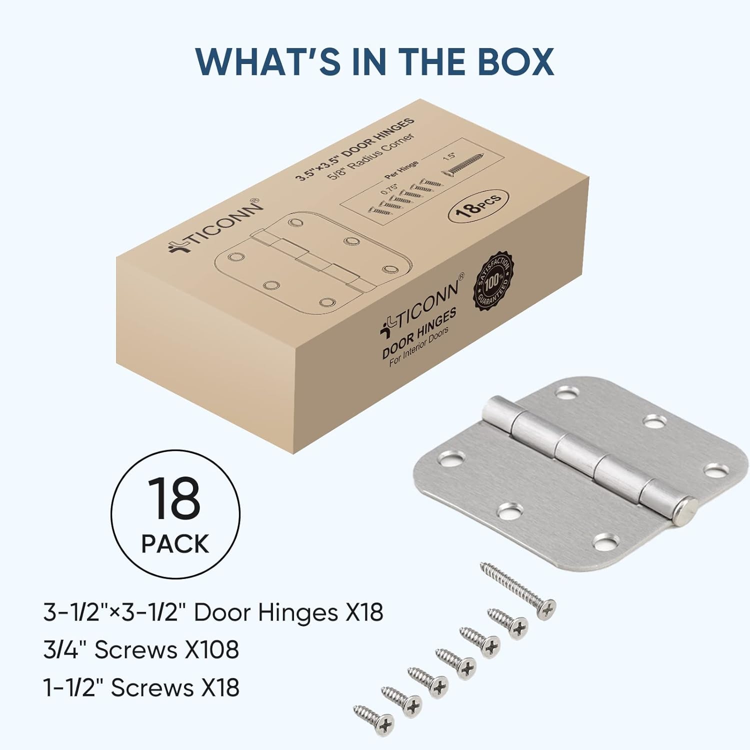 TICONN 18-Pack 3.5 Inch Door Hinges with Removable Pin, 3-1/2 x 3-1/2 Inch Iron Bifold Residential Doors Hardware (5/8" Radius Corner, Satin Nickel, 18 Pack)