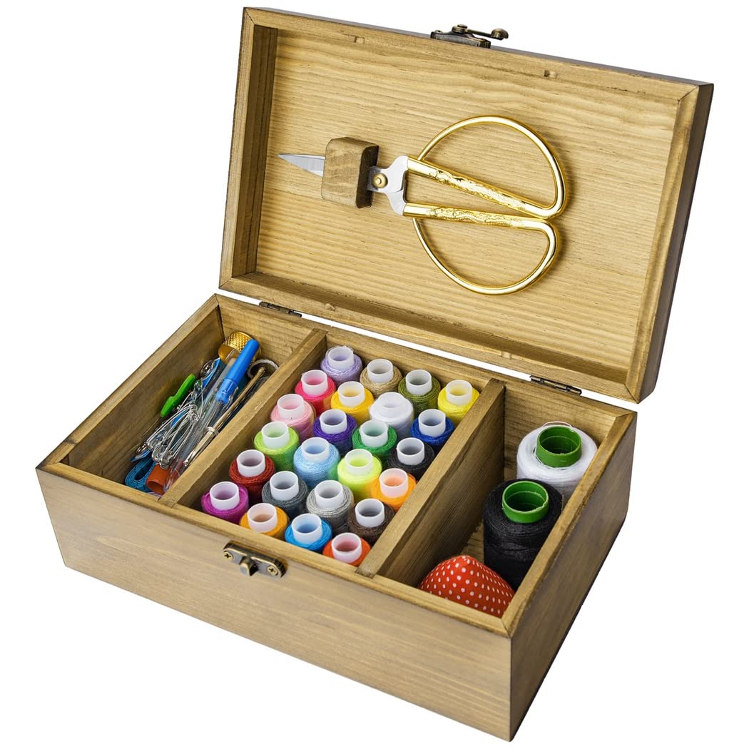 Juego de herramientas de costura con hilo y aguja, kit completo en caja de almacenamiento de madera