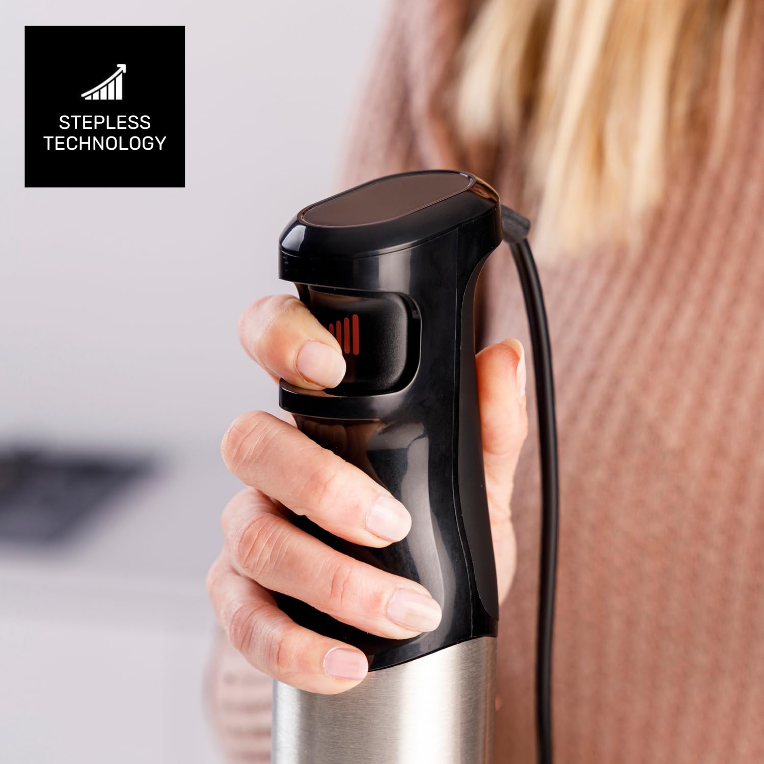 Taurus - Mikser ręczny Rocket Nero Plus ze stali nierdzewnej | 1500 W | Regulator mocy | Ergonomiczna konstrukcja | Podstawa i ostrza ze stali nierdzewnej | odporne na zachlapanie | Kompatybilny z