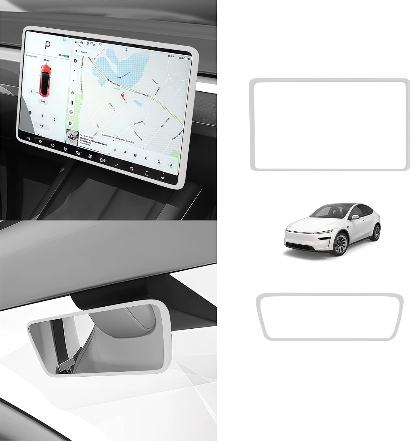2 in 1 Interior Sets Protector Trim Frame Compatible with Tesla Model Y 3 Highland Juniper 2020-2025 2026 Accessories Screen Edge Trim Rearview Mirror Cover Decorations Center Console Decor (White)