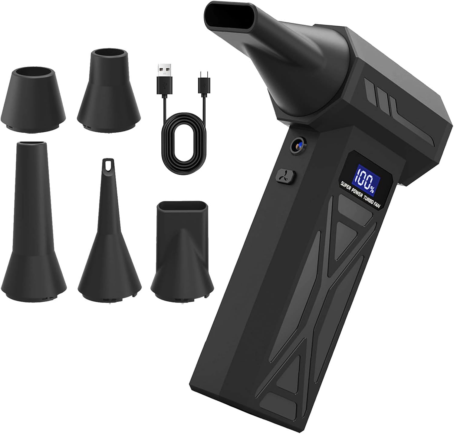 Rapid Air Fan with LED Light for Tight Spaces 110000 WHIRLS Nonbrush Motor 4000mAh Battery Exchangeable Nozzles Tall Pressure Mobile Blower for Car