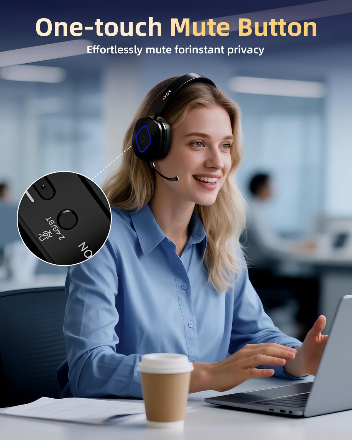 Wantek Cuffie wireless con microfono – 45+ Playtime Bluetooth o USB Dongle per PC, connessione multipunto a computer e cellulare, cuffie on-ear cablate o wireless per