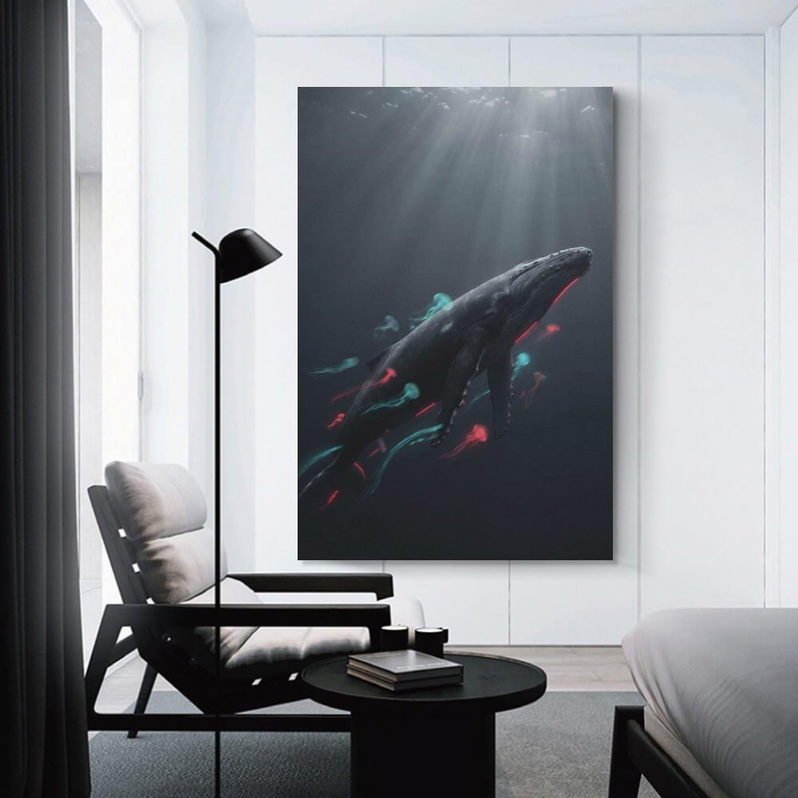 Junmoney Wall Art Print Whale with Glowing Jellyfish, 24x36inch(60x90cm), for Study, Office Or Focused Interiors, Decorative Artwork for Productive Spaces
