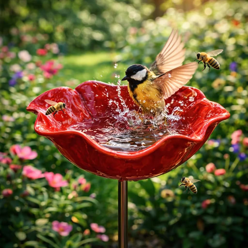 2026 New Handmade Metal Flower Garden Stake, Bee Watering Station, Bee Bath for Garden Metal Bee Water Feeder with Flower Design, Colorful Butterfly Bee Bath Bowl for Outdoor Yard Decor (2 pcs)