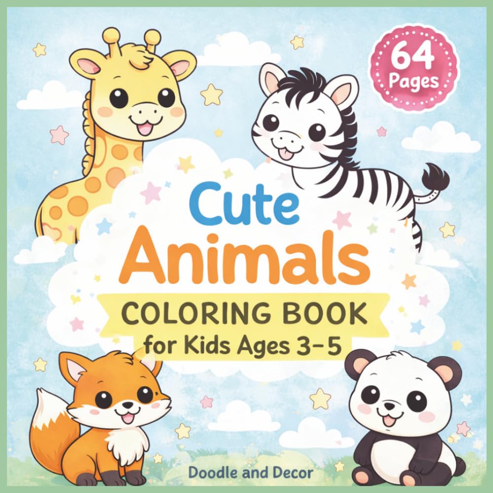 Cute Animals Coloring Book for Kids Ages 3–5: 64 Big & Easy Coloring Pages with Simple and Cute Animal Designs for Toddlers and Preschoolers