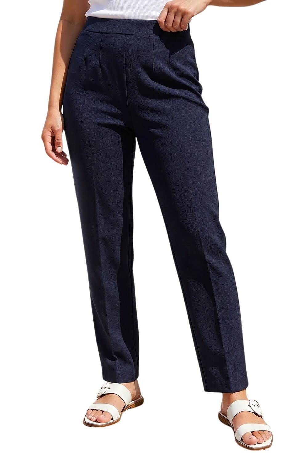 Roman Petite Women's Navy Straight Leg Ponte Stretch Trouser Size 10