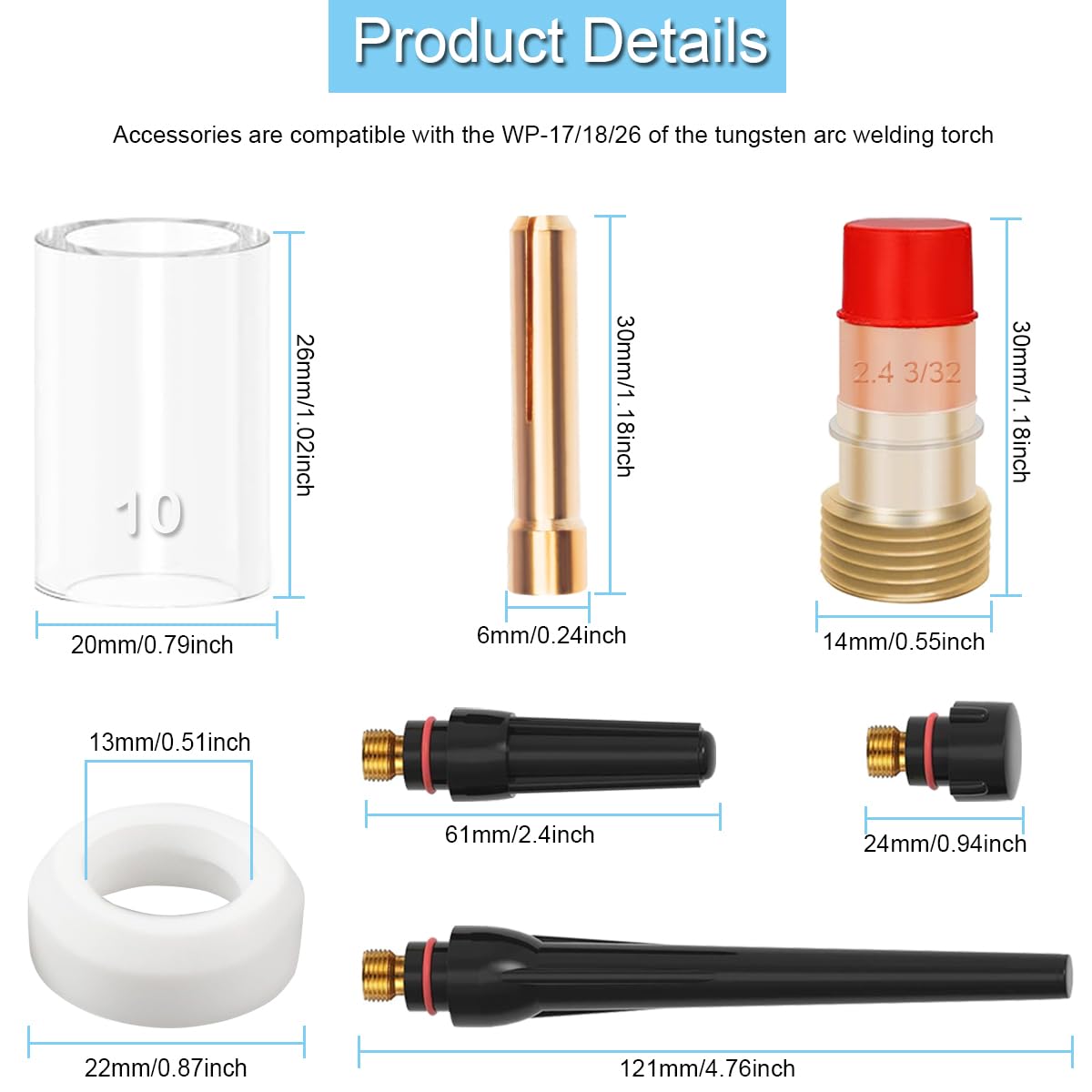 Lot de 26 lentilles à gaz torche de soudage pour TIG #10 kit de gobelets en verre avec lentille à gaz et pince courte 1,6 mm 2,4 mm, kit d'accessoires de torche de soudage pour TIG WP-17/18/26