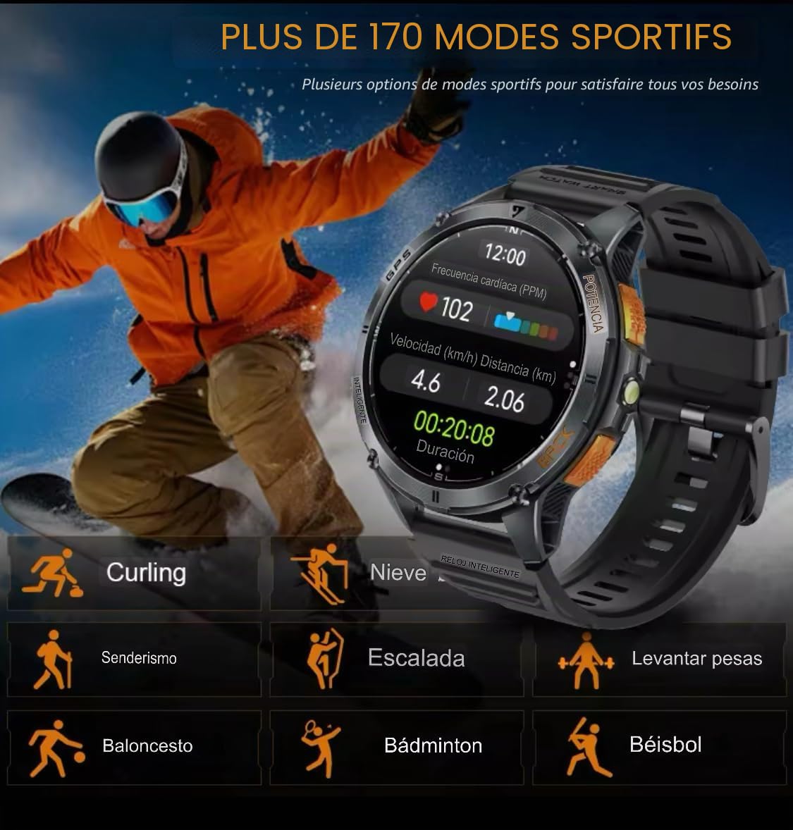 Amoled 1.43 Montre intelligente avec lampe de poche, altimètre barométrique et boussole avec batterie de 530 mAh, résistance militaire et moniteur de santé