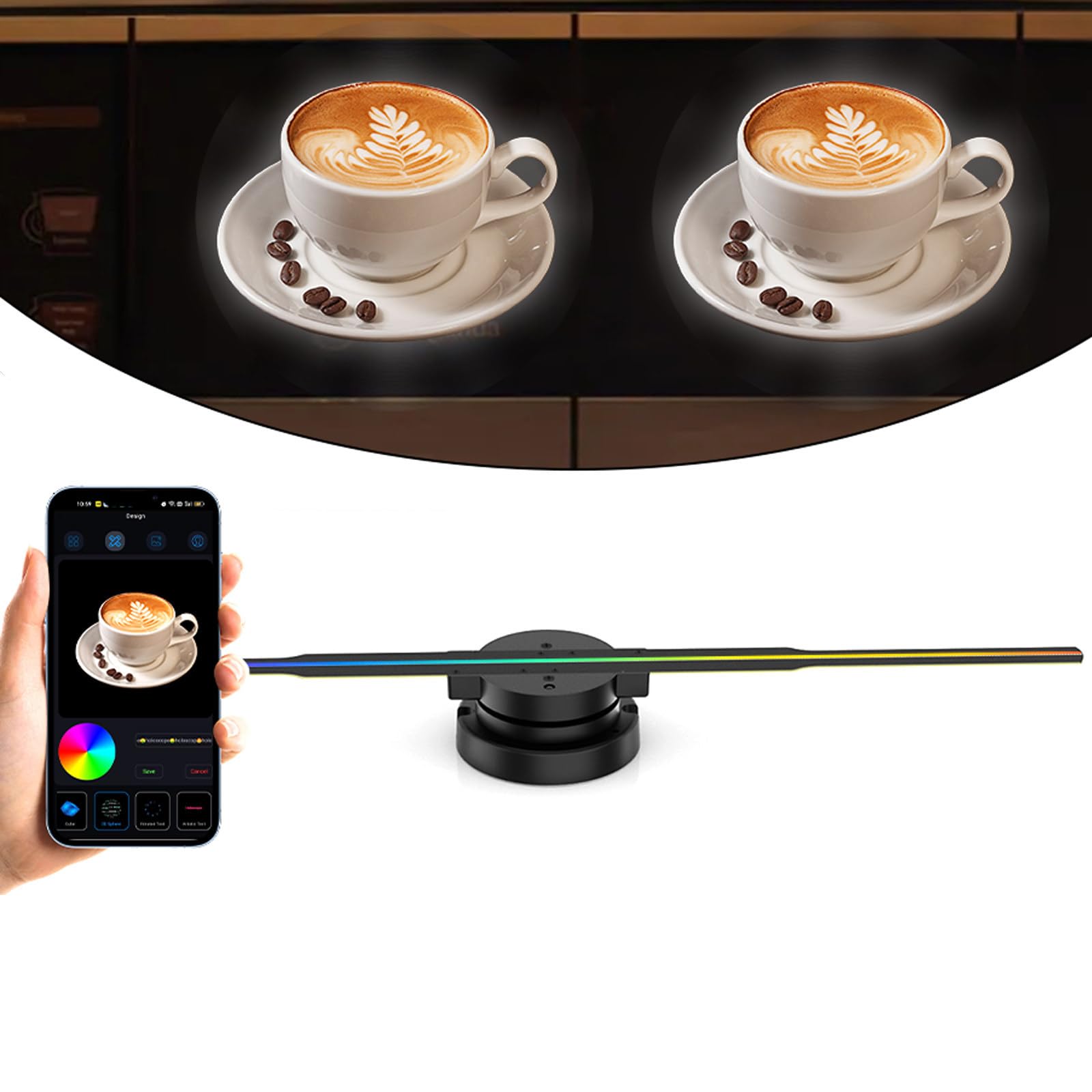Wentylator holograficzny LED 3D (efekt bez okularów) z Bluetooth i aplikacją – wyświetlacz 1010RGB HD (352 diody LED) do sklepów i punktów handlowych