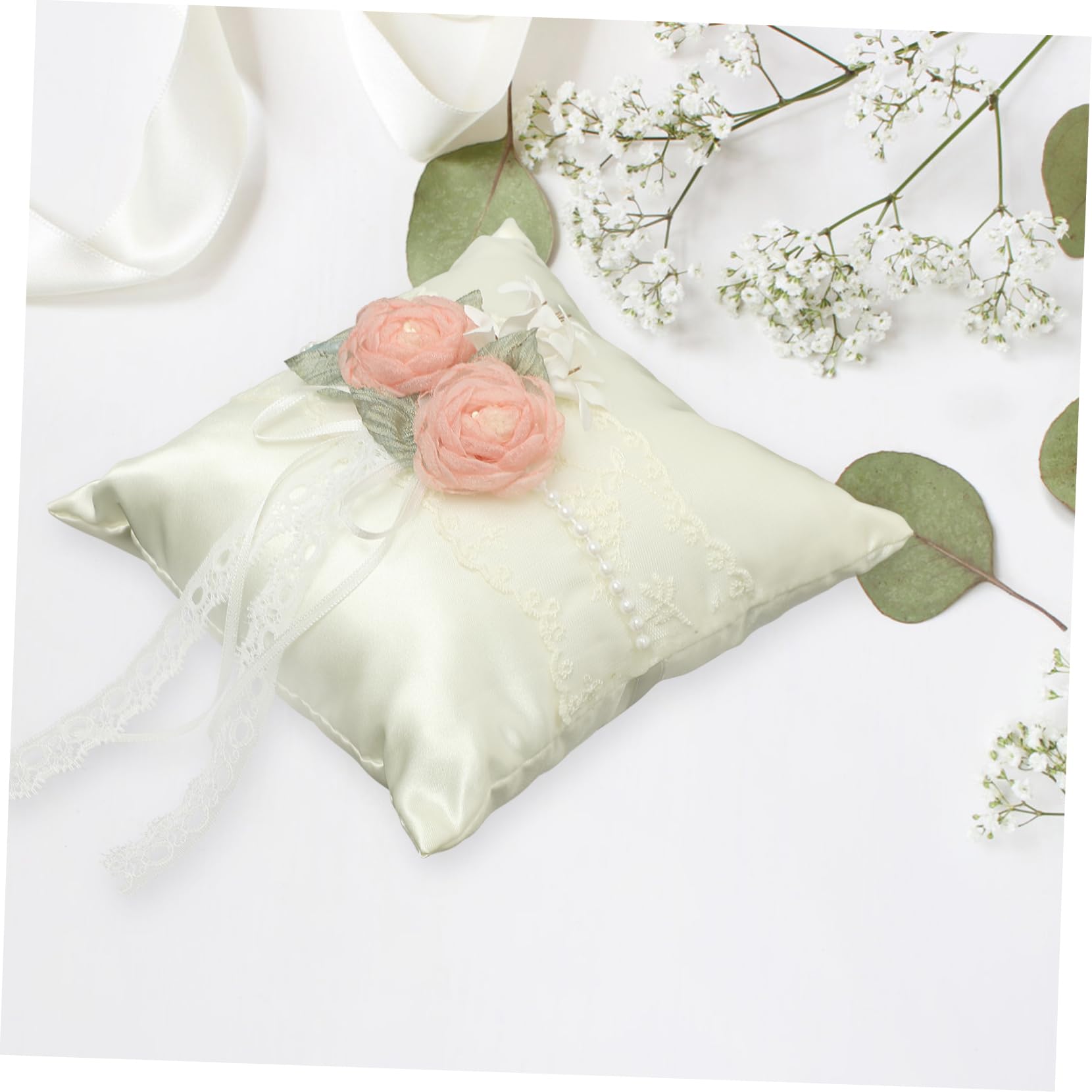 STOBAZA 5pezzi Cuscino Portafedi Elegante Per Matrimonio Bianco Con Fiori Decorativi Supporto Anello Fidanzamento Per Cerimonie Nuziali e Decorazioni Stile Romantico