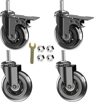 3" Caster Wheels,Heavy Dudy Swivel Casters Set of 4 2 with Matel Brake,2 No Brake 3/8"-16x1"Threaded Stem Casters,No Noise Rubber Wheel Industrial Castor Replacement for Furniture,Cart