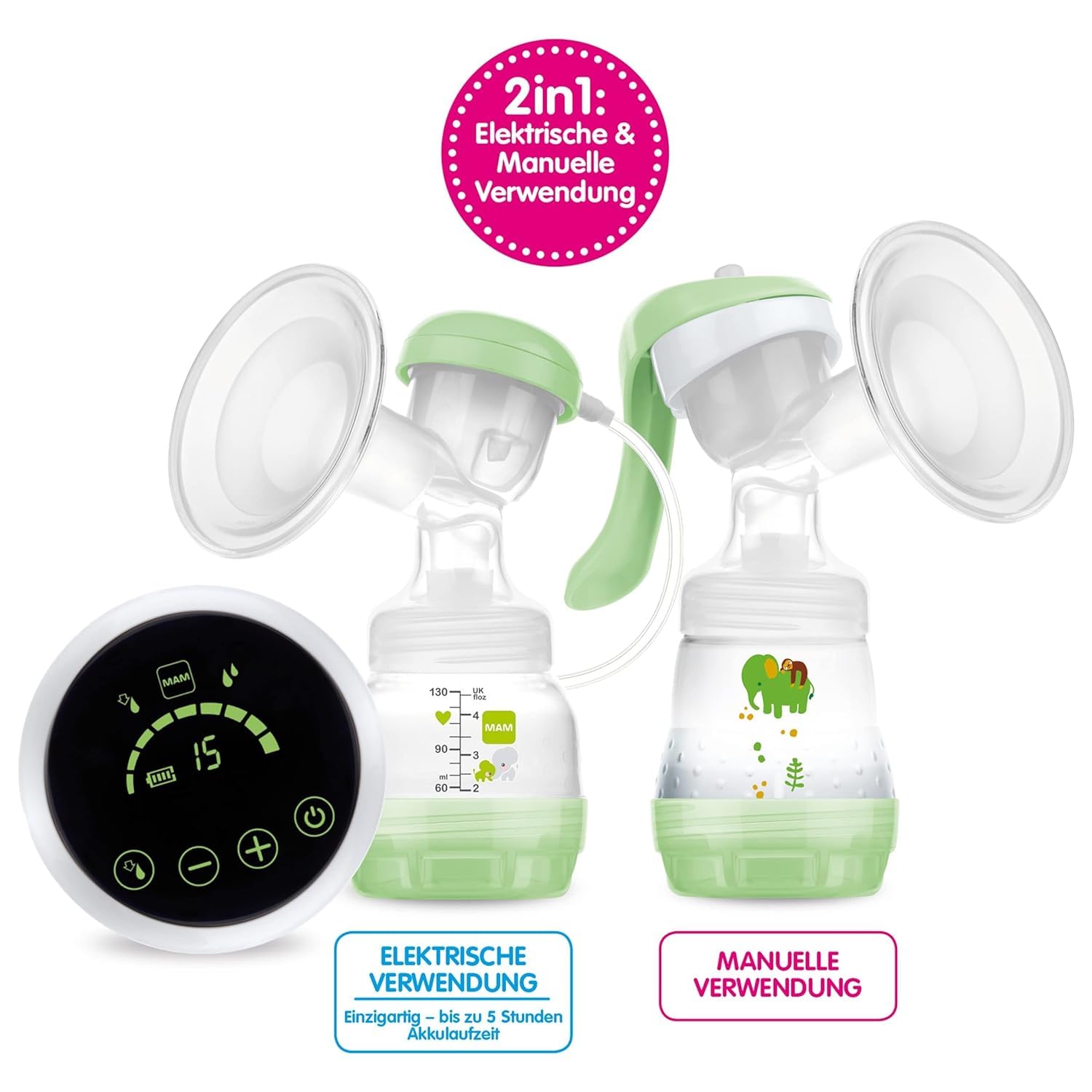 MAM 2in1 Milchpumpe, Hand & elektrisch, inkl. MAM Anti-Colic Flasche | Leises und komfortables Pumpen, weicher Silikon-Brusttrichter, Neugeborenen-Essentials