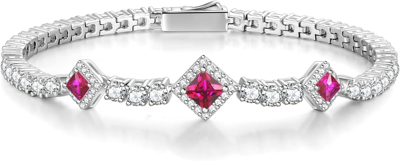 FANCIME Birthstone Bracelets 4mm Sterling Silver Tennis Bracelets Square Gemstone Birthday Fine Christmas Jewelry Gifts for Women 7.2"