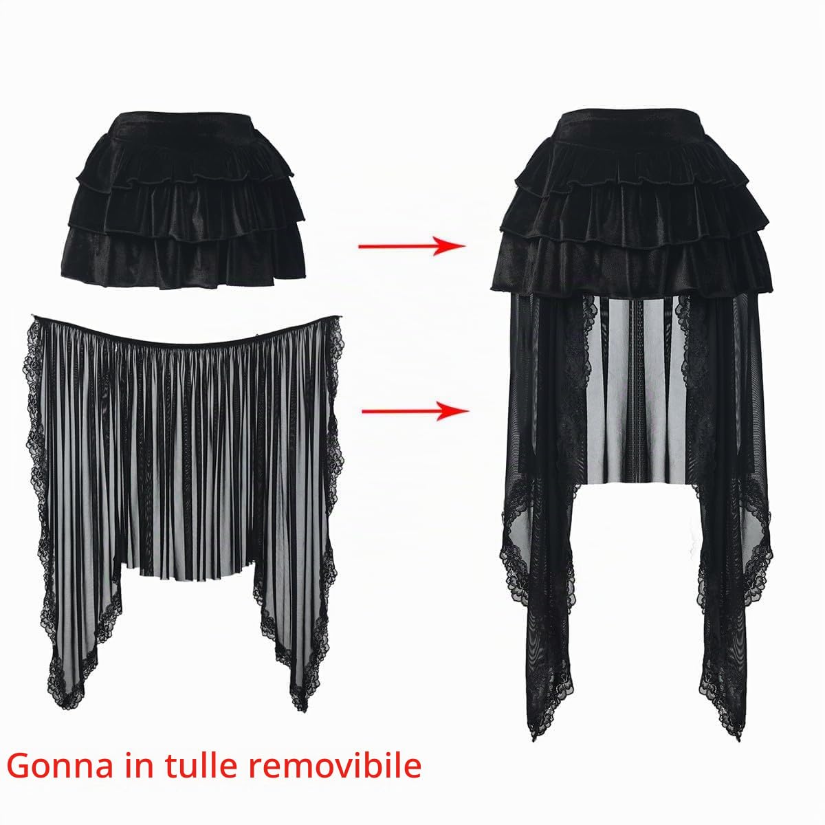 BPURB Gonna da Donna vittoriana Gotica in Pizzo Alto-Basso Lolita a Strati a Vita Alta a Trapezio in Tulle per Feste di Halloween