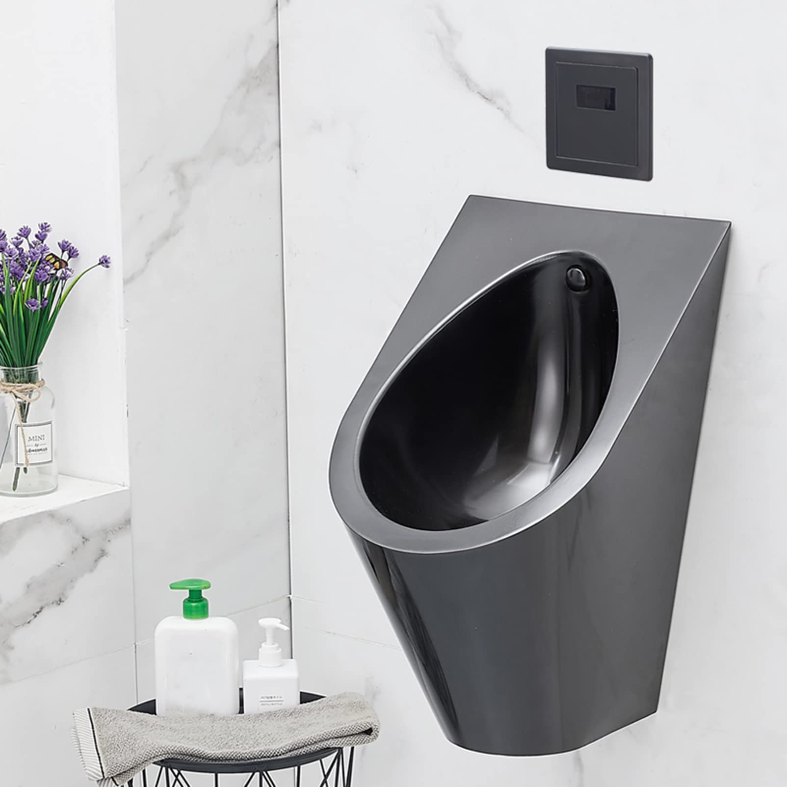 OTQEFTN Black Stainless Steel Urinal, Wall-Mounted Automatic Flushing Urinal, Urinal Set with High-Efficiency Flushing Valve, Smart Non-Contact Drainage Urinal