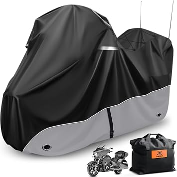 Motorcycle Cover, 110 Inch with Side+Top Box Touring Models Specific Vehicle Cover Storage Suitable for Harley-Davidson Ultra Limited, Road Glide Limited, Gold Wing, Road Master Grey