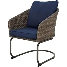 Four Seasons Courtyard Rockland Alloy Steel Frame Spring Recliner Motion Dining Chair Furniture Set with Navy Blue Olefin Cushions, Brown, Set of 2