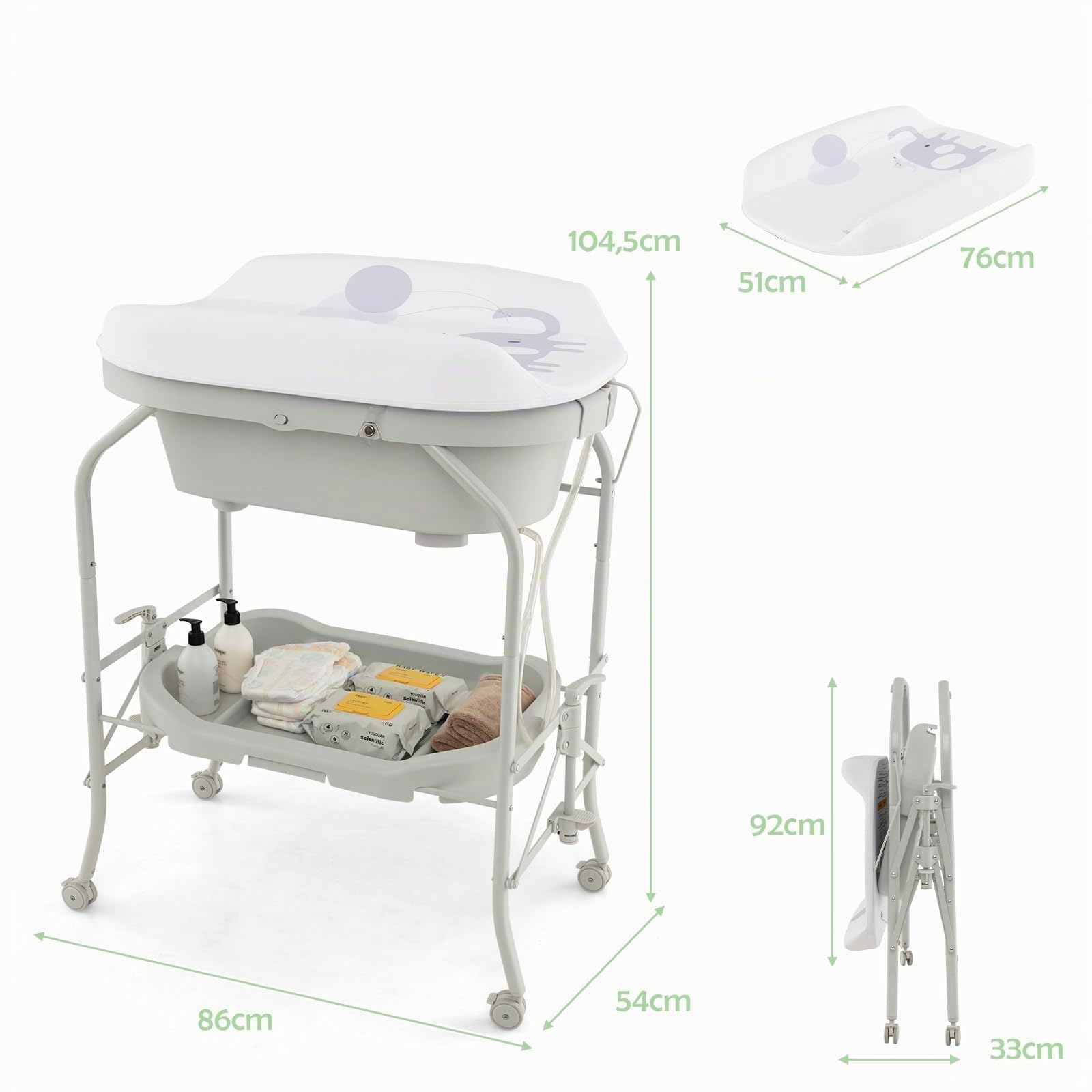 LIFEZEAL Cambiador con Bañera, Cambiador y Bañera para Bebés de 0-12 Meses, Cambiador Plegable y Portátil, Bañera para Bebé con Soporte de Carga de 35 KG (Gris claro)