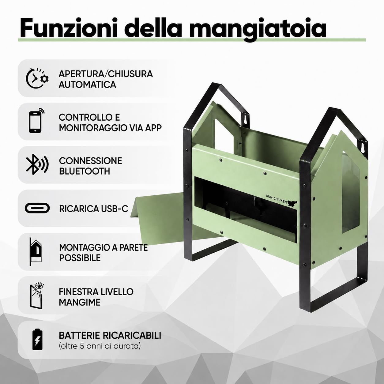 RUN-CHICKEN GO Feeder Mint - Mangiatoia automatica per polli con controllo app, capacità di 12 litri, in alluminio, batteria USB-C, timer, GPS e modalità manuale, fino a 6 polli