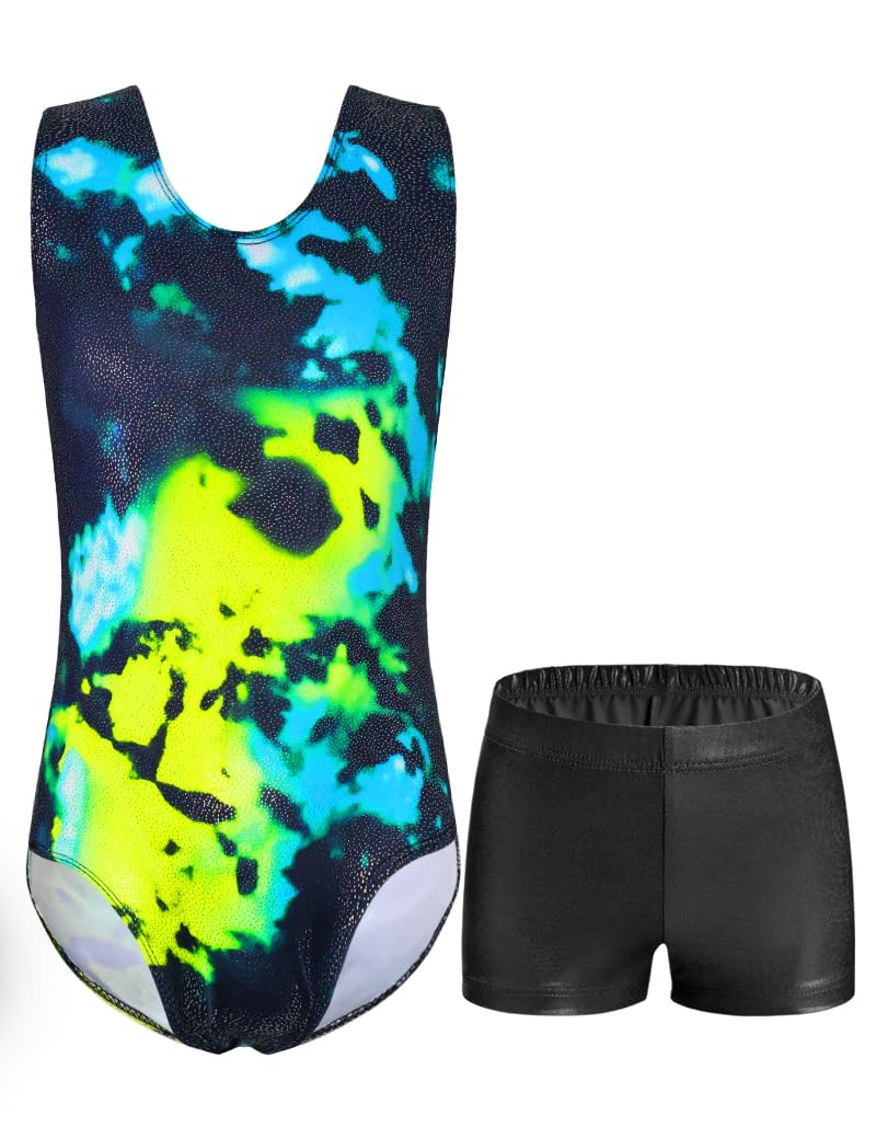 DomusgoGirls Gymnastics Leotards Set One Piece Sleeveless Tumbling Outfits with Matching Shorts Size 5-12 Years Old