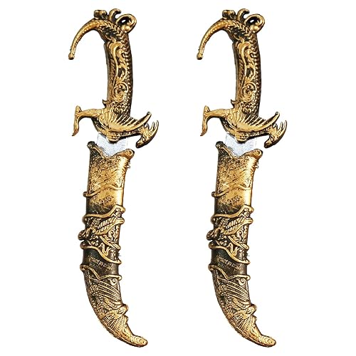 Lanxitown 2 Pcs Plastic Dagger Fake Knife with Buckle for Wearing Over Pants Pirate Sword for Pirate Costume Accessories Prop Knife with Sheath Toy Knife Plastic Sword (Bronze)