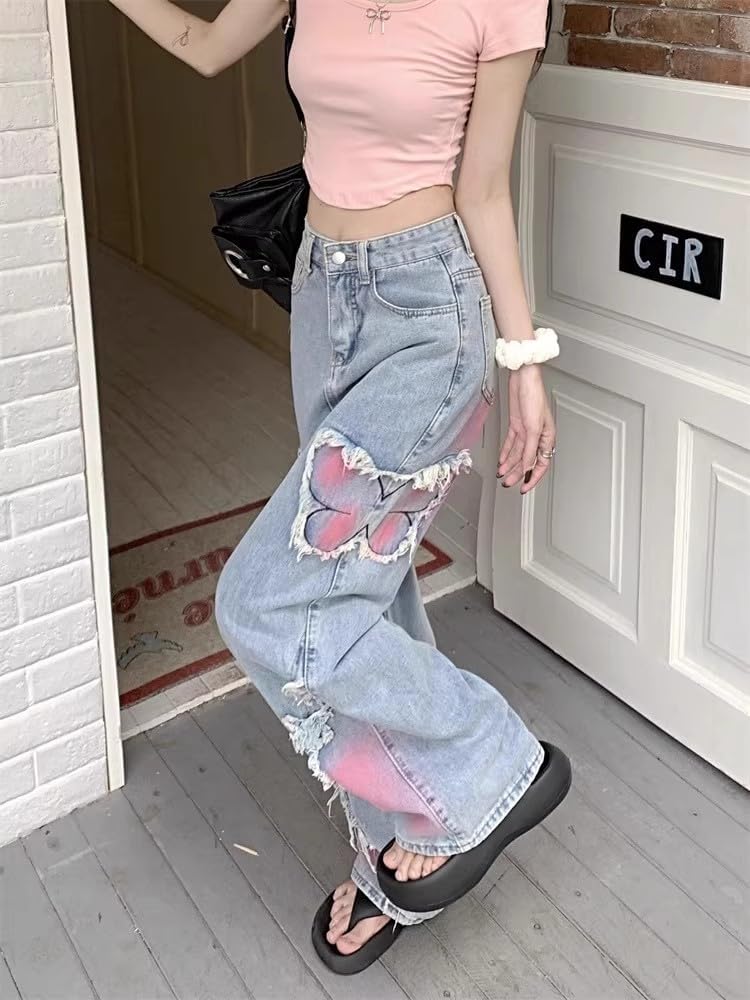 Y2K Baggy Ripped Jeans for Women – Wide Leg Butterfly Print & Star Patch Distressed Denim Pants High Waist Streetwear - Image 5