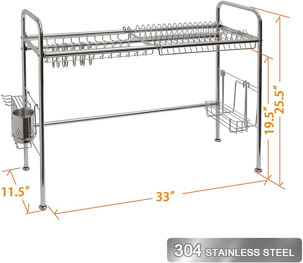 304 Stainless Steel Over Kitchen Sink Dish Drying Rack, Single Layer, with Holders and Attachment Organizers
