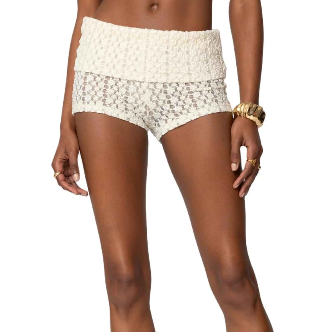 Aopwsrlyi Women Knitted Fold Over Shorts Boho Low Rise Crochet Micro Mini Shorts Casual Summer Beach Cover Up Bottoms Solid