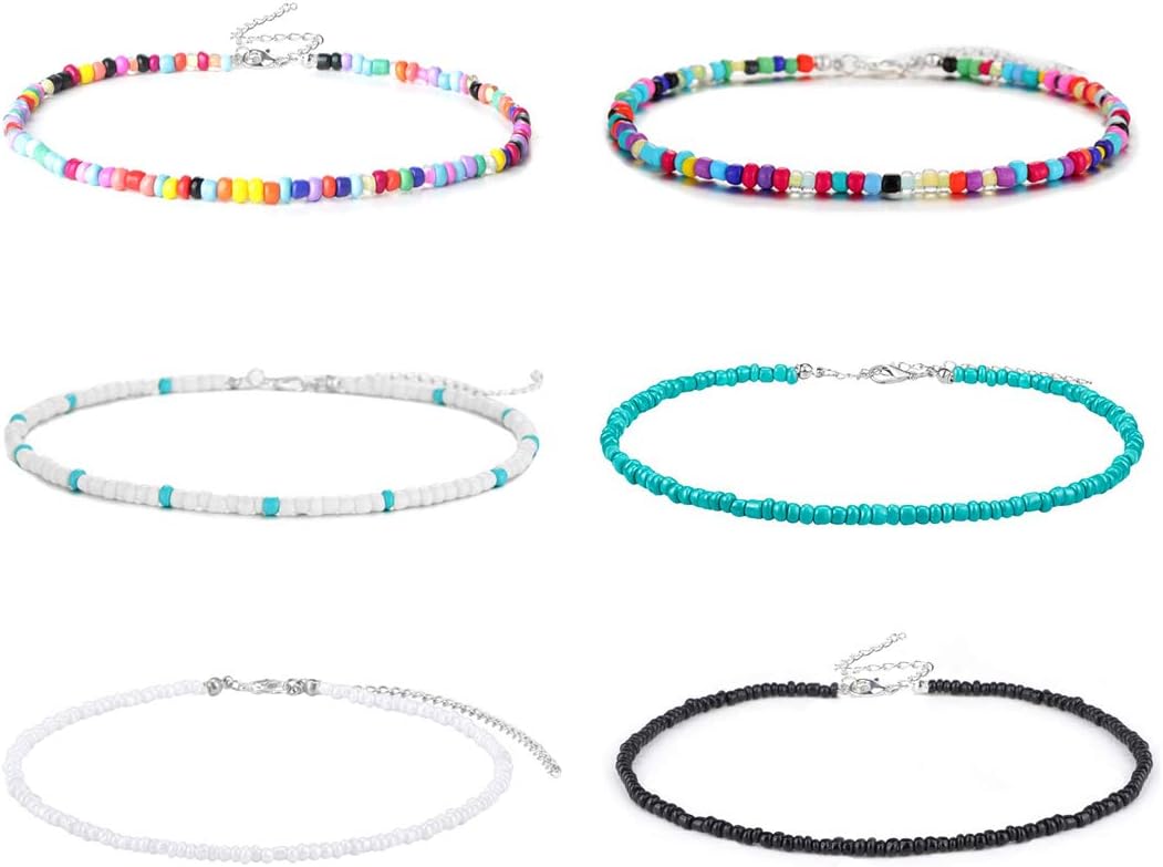 Wremily 4-12 Pieces Beaded Choker Necklaces for Women Girls Boho Seed Bead Choker Set Hawaiian Handmade Turquoise Beach Beads Necklace Chain Jewelry